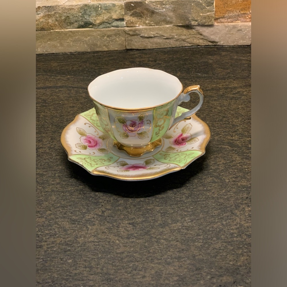 TRIMONT WARE | Made in Japan | Pink, Green and Gold Tra Cup & Saucer